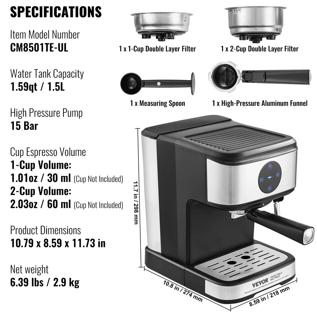 SucceBuy Espresso Machine 15 Bar Coffee and Espresso Maker w/ Milk Frother Steam Wand Professional Semi-Automatic Coffee Machine