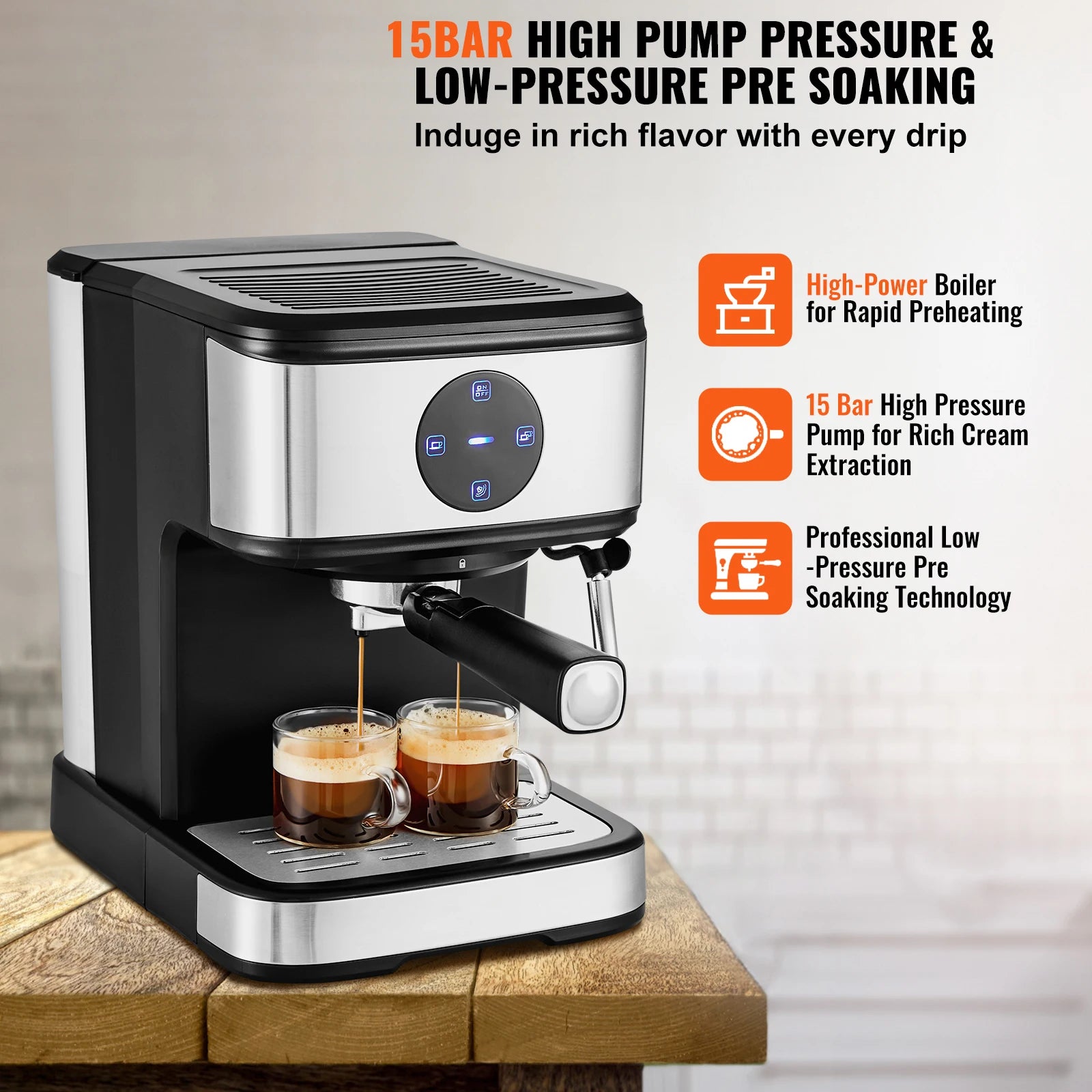 SucceBuy Espresso Machine 15 Bar Coffee and Espresso Maker w/ Milk Frother Steam Wand Professional Semi-Automatic Coffee Machine