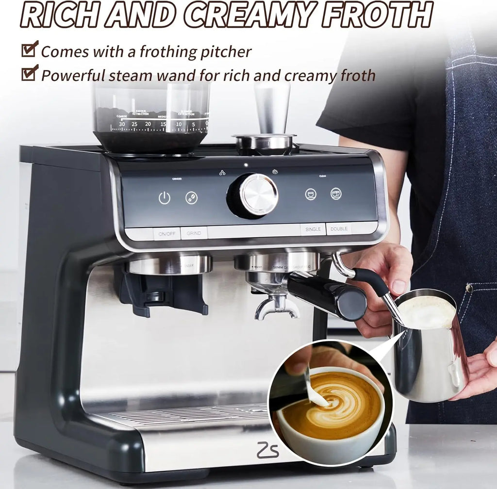 Espresso Machine with Grinder, Professional Espresso Maker with Milk Frother Steam Wand, 20 Bar Barista Cappuccino Machine,1450W