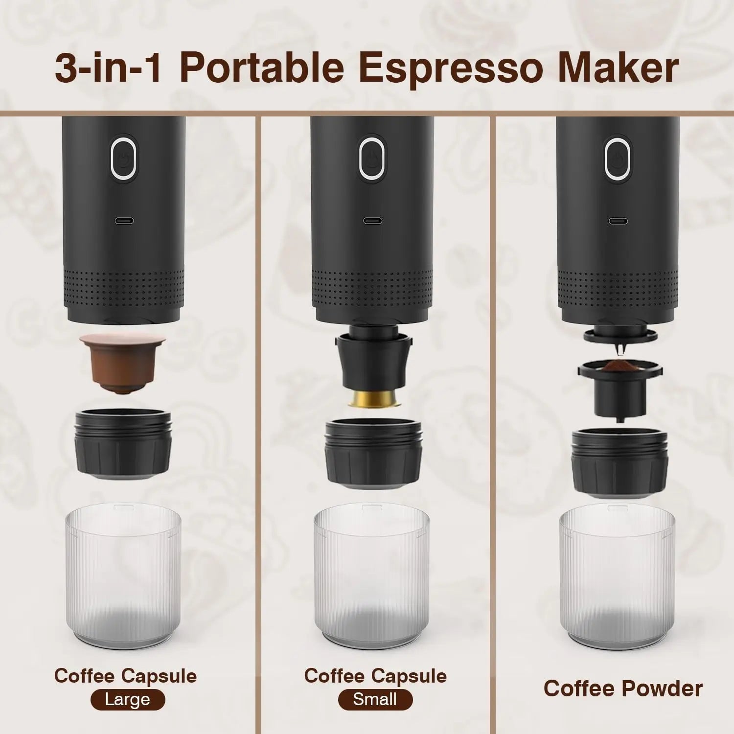 Portable espresso machine, coffee maker for on the go, 3-in-1 rechargeable coffee maker for the car, compatible with ground coff